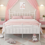 Full Size Bed Frame with Crown-Shaped Headboard, Princess Bed for Kids/Girls, Heavy Duty Metal Platform Bed with Iron-Art Headboard and Footboard, No Box Spring Needed, Easy Assembly, White