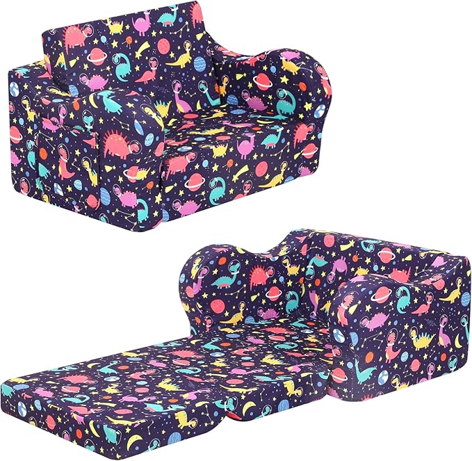 Rainbow Unicorn Kids Sofa, 2-in-1 Kids Couch Fold Out, Convertible Sofa to Bed for Girls and Boys