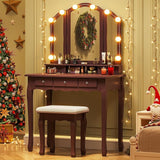 Tri-Fold Mirror and Lights, Makeup Vanity with Wood Upholstered Stool, Vanity Table