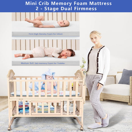 Mini Baby Crib 6 in 1 with Adjustable Memory Foam Mattress Included, 2024 Natural Wood Convertible Crib with Foldable Storage Baby Playpen,