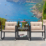 HAPPYGRILL 3-Piece Rocking Bistro Set Outdoor Patio Rocking Chairs with Coffee Table, Rattan Wicker Furniture Conversation Set for Garden Lawn Backyard Balcony