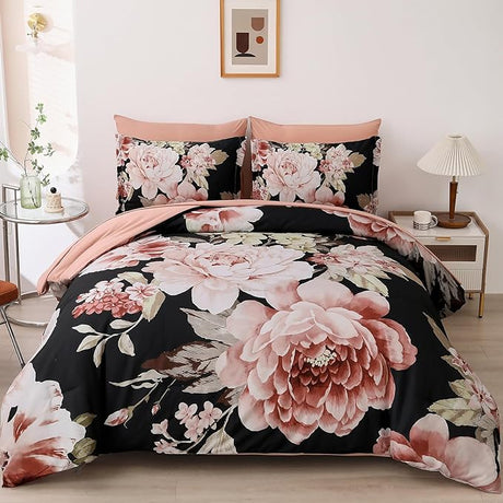 Khaki Comforter Set King Size 7 Pieces Floral Bed in a Bag Taupe Flower Green Leaves Bed Comforter Set Soft Bedding Sets for All Season with Flat Sheet, Fitted Sheets, Pillowcases & Shams