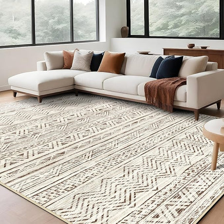 Abstract 8x10 Area Rug: Retro Soft Washable Non-Slip Neutral Area Rugs for Living Room