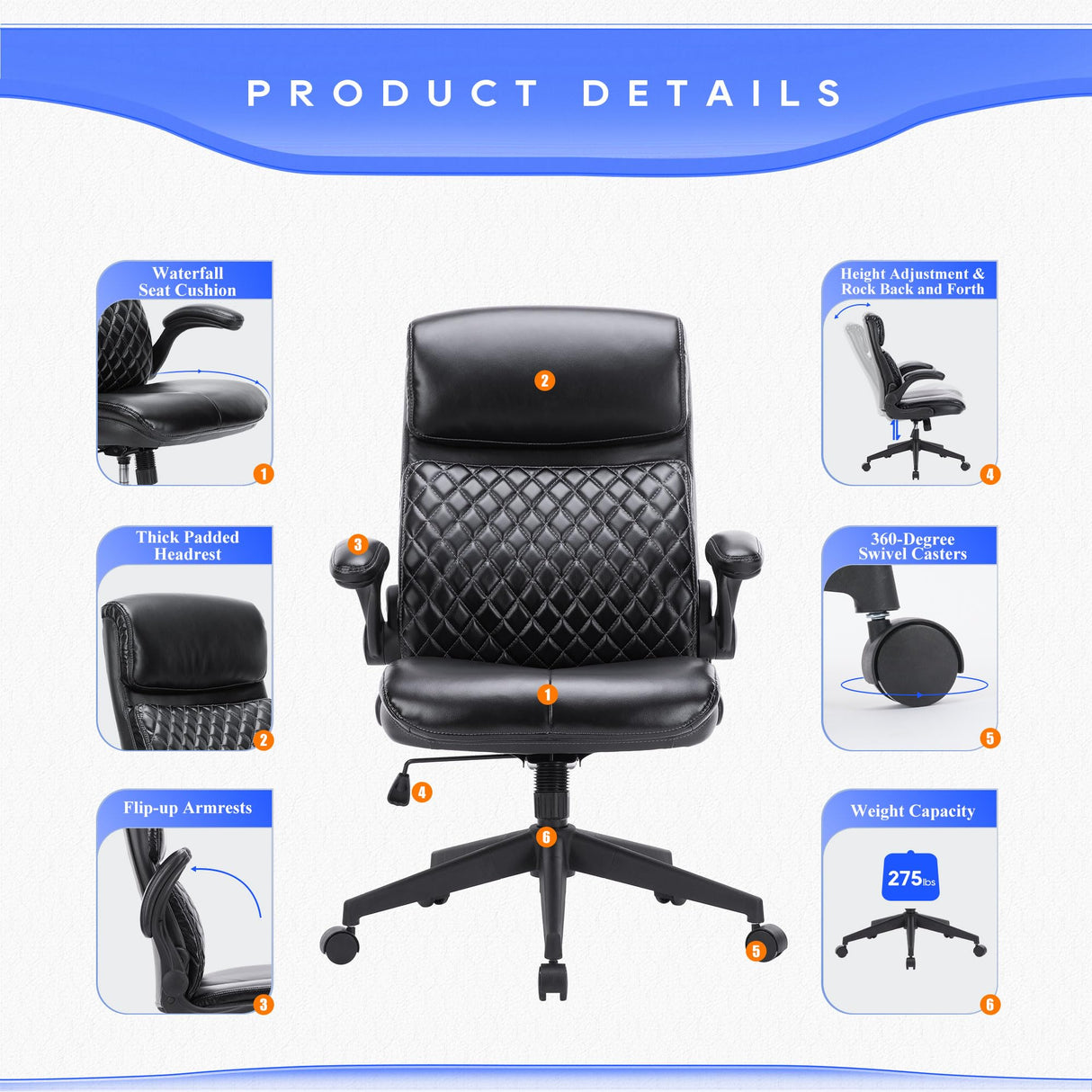 Executive Office Chair, Ergonomic Computer Desk Chair with Padded Flip-up Arm