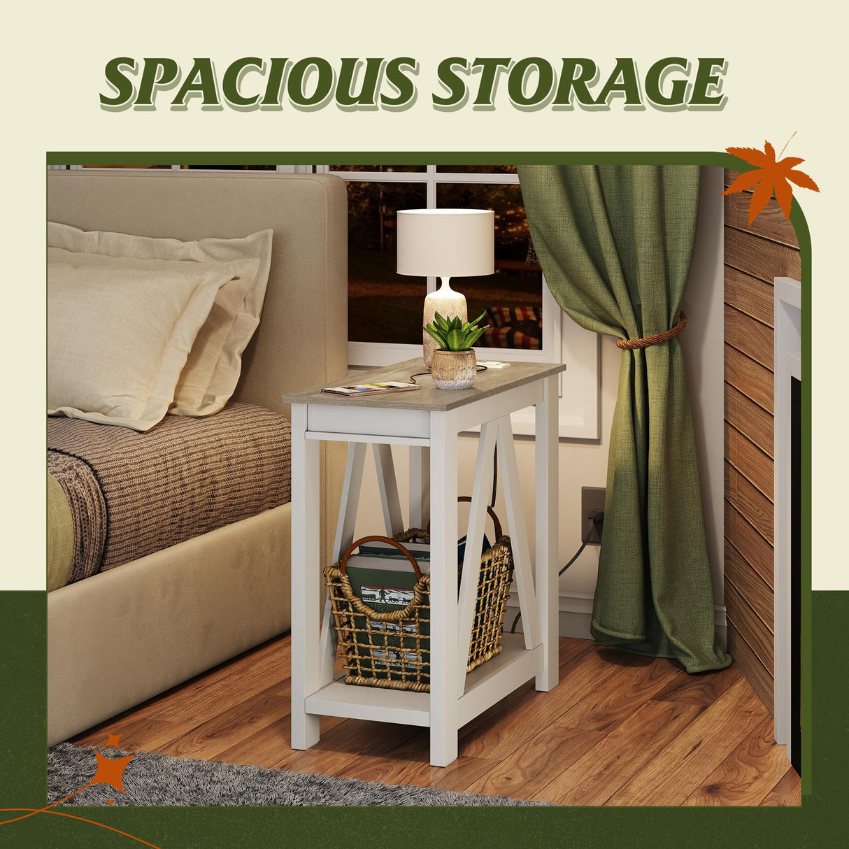 Farmhouse End Table, Narrow Side Table with Charging Station, Slim End Table