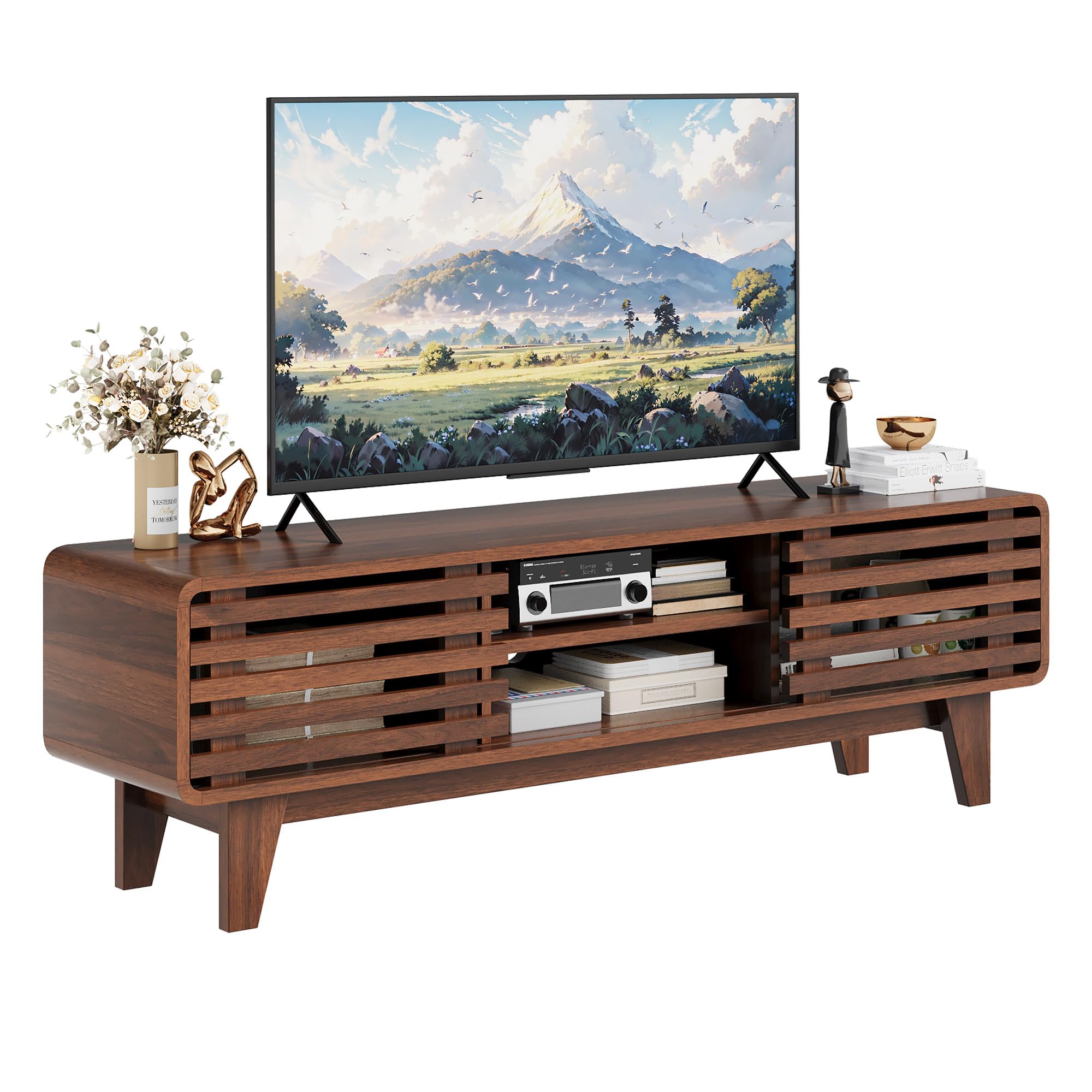 60-Inch Mid Century Modern TV Stand with Sliding Doors