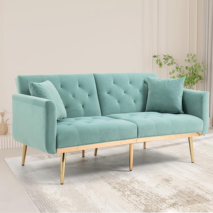 Mid-Century Modern Velvet Loveseat, Petite Accent Sofa Couch with 7 Gold Metal Legs