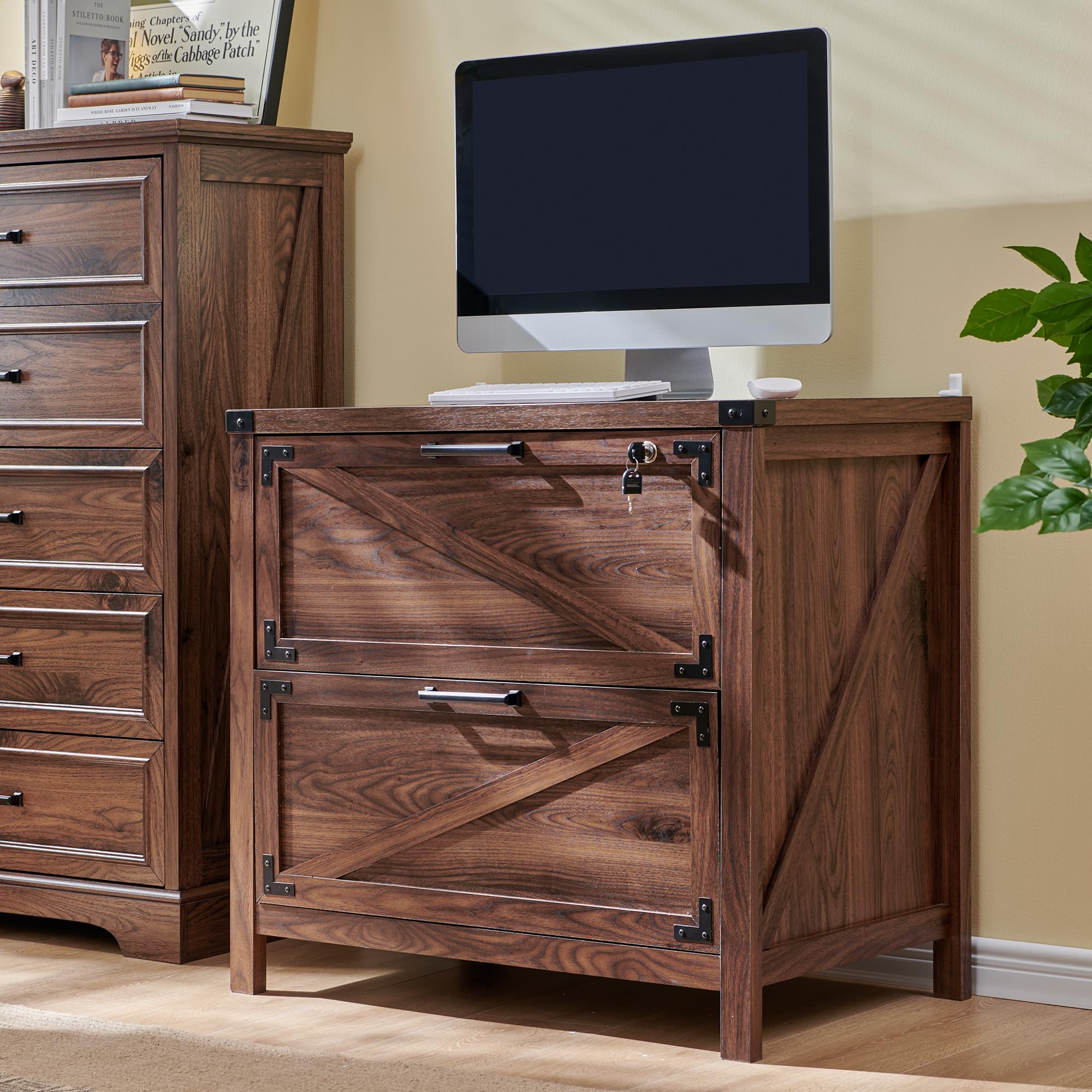 2 Drawer Farmhouse File Cabinet, Lateral Filing Cabinet with Lock for Home Office