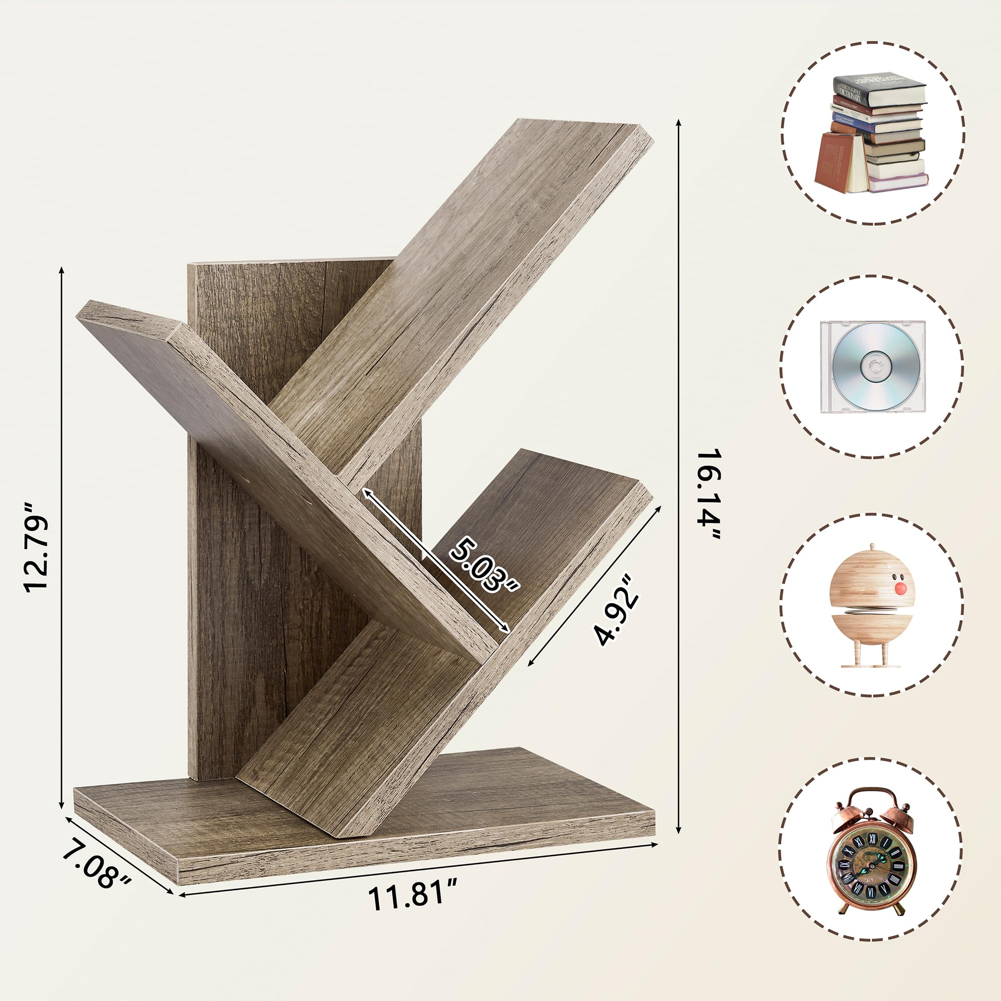 Tajsoon 3 Tier Tree Bookshelf, Small Bookshelf, Desktop Bookshelf Floor Standing Bookcase Display for CDs/Magazine/Books, Book Organizer Shelves for Bedroom, Living Room, Office, Greige