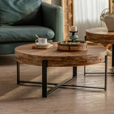 2-Piece Farmhouse Living Room Coffee Table Set Rustic Boho Round Coffee