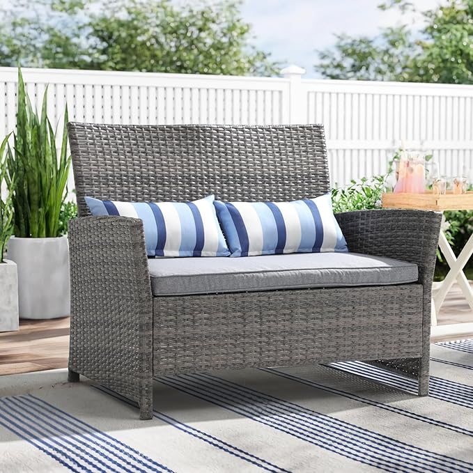 Outdoor Wicker Loveseat with Cushions, 2 Seats Patio PE Rattan Sofa