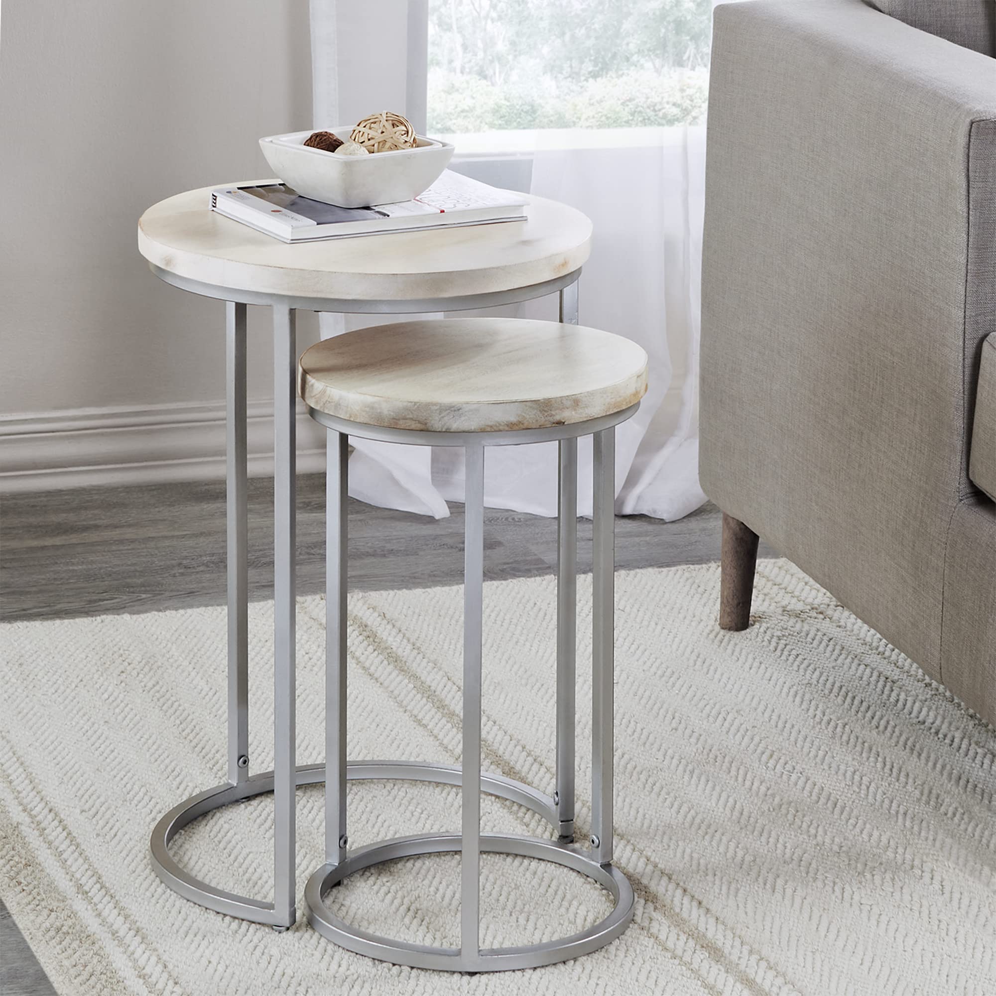 Natural and Silver Isla Nesting End Table 2-Piece Set, Side Table, Night Stand