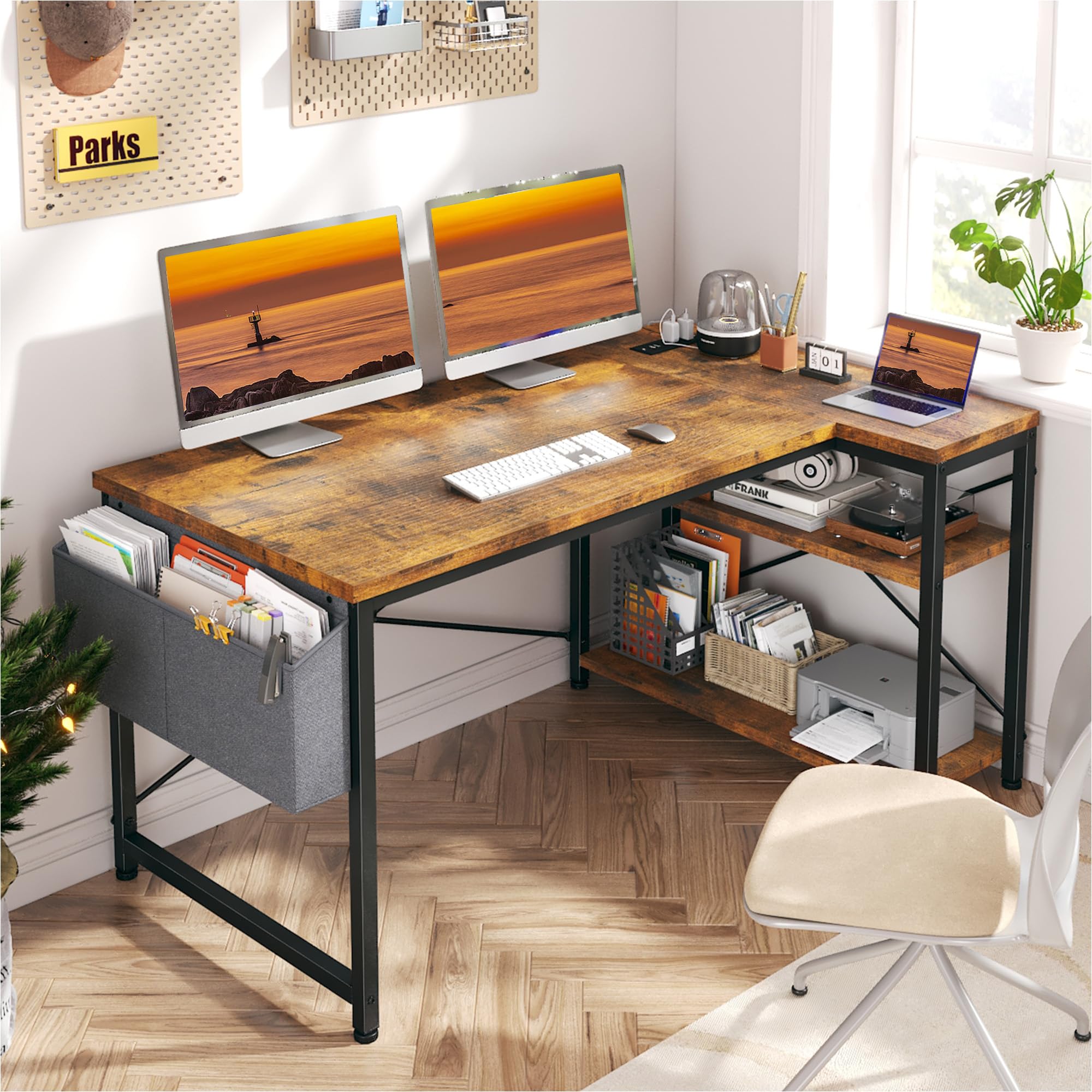 47" Computer Desk with Power Outlets,L Shaped Desk with Storage Shelves