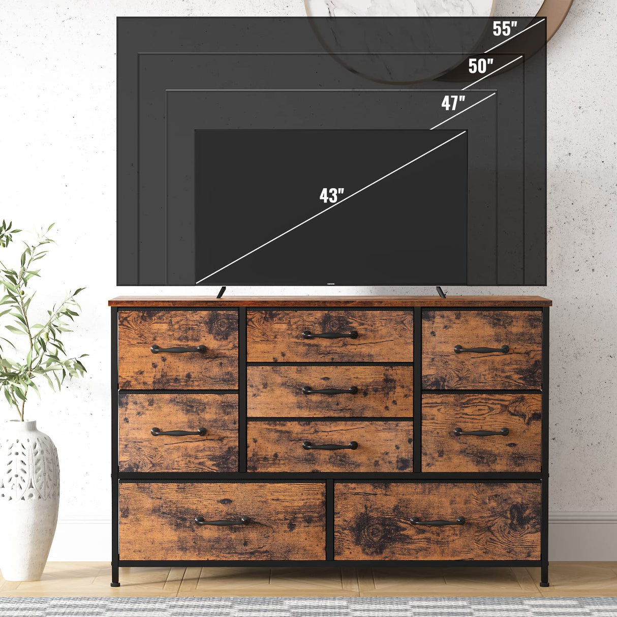 Wide Dresser with 9 Large Drawers for 55'' Long TV Stand Entertainment Center