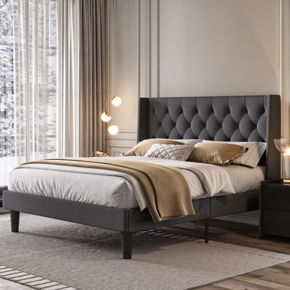 Queen Bed Frame/Velvet Upholstered Platform Bed Frame with Headboard/Strong Wood Slats Support