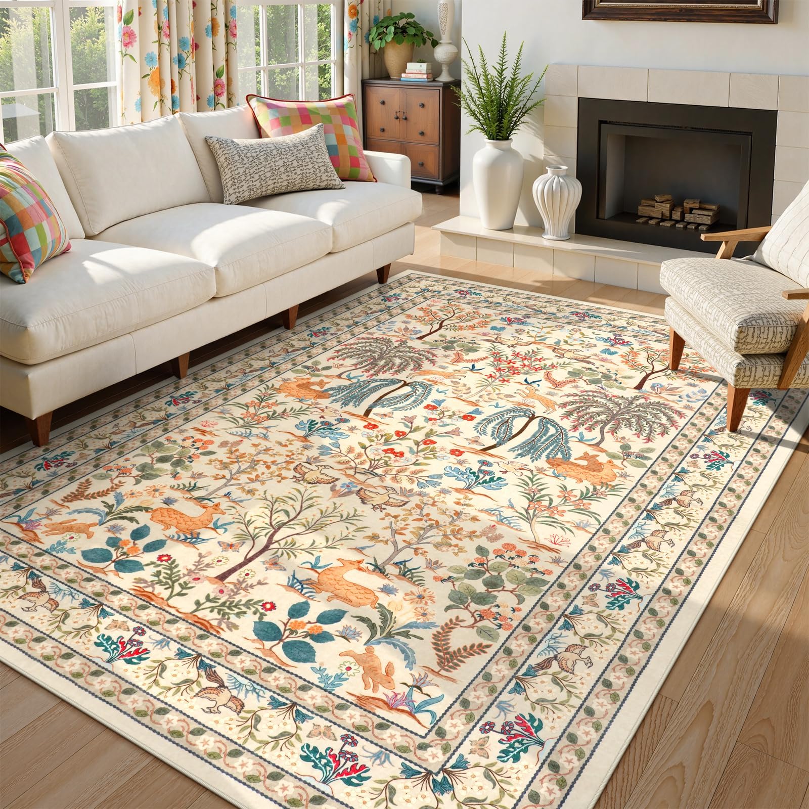 OJIA 8x10 Area Rugs for Living Room Bedroom Large Washable Rugs, Thin Boho Beige Nursery Rug Non-Shedding Kids Playroom Rug Floral Stain Resistant Large Carpet Accent Rugs for Dining Farmhouse