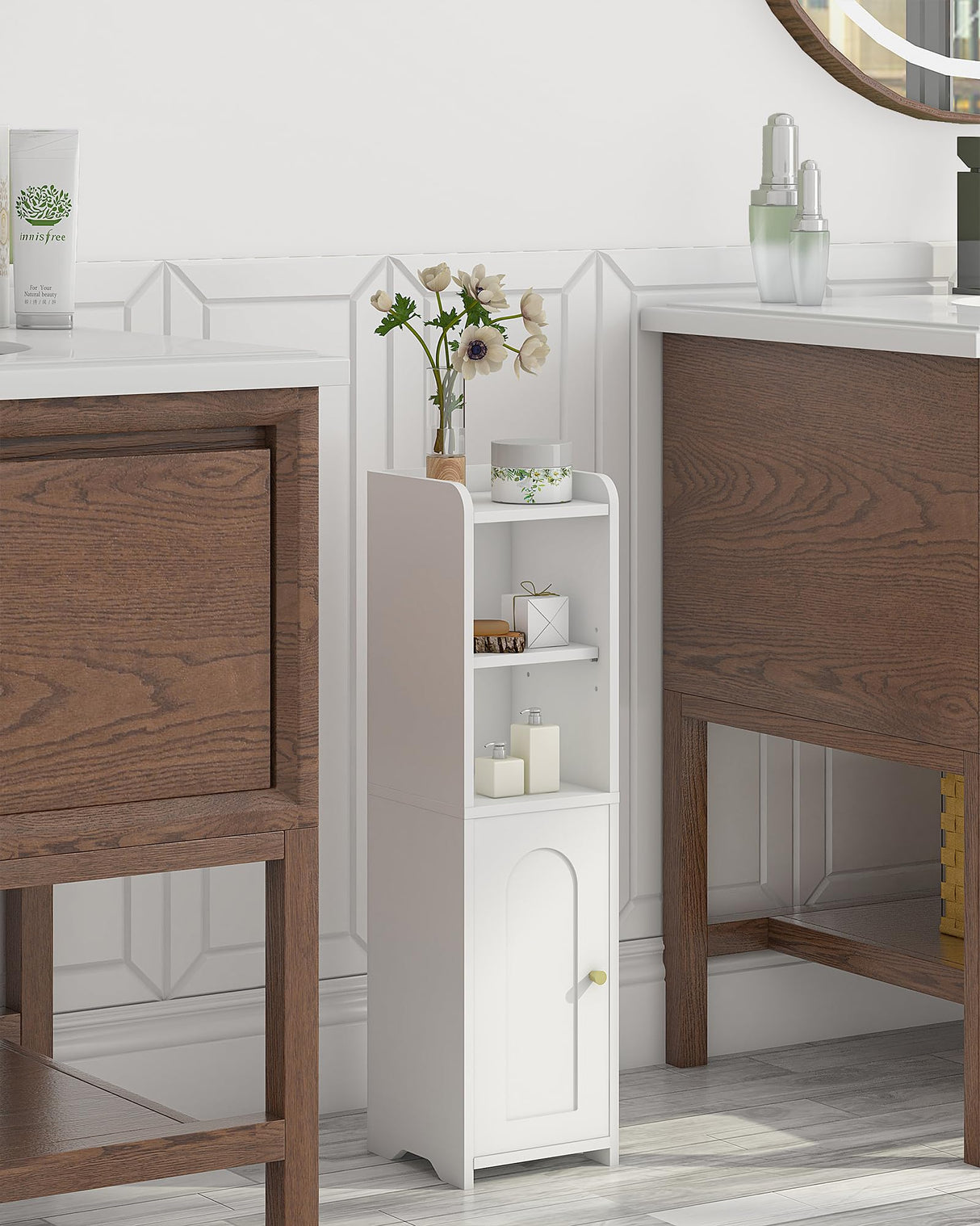 Bathroom Storage Cabinet, Corner Floor Cabinet with Doors and Adjustable Shelf, Narrow
