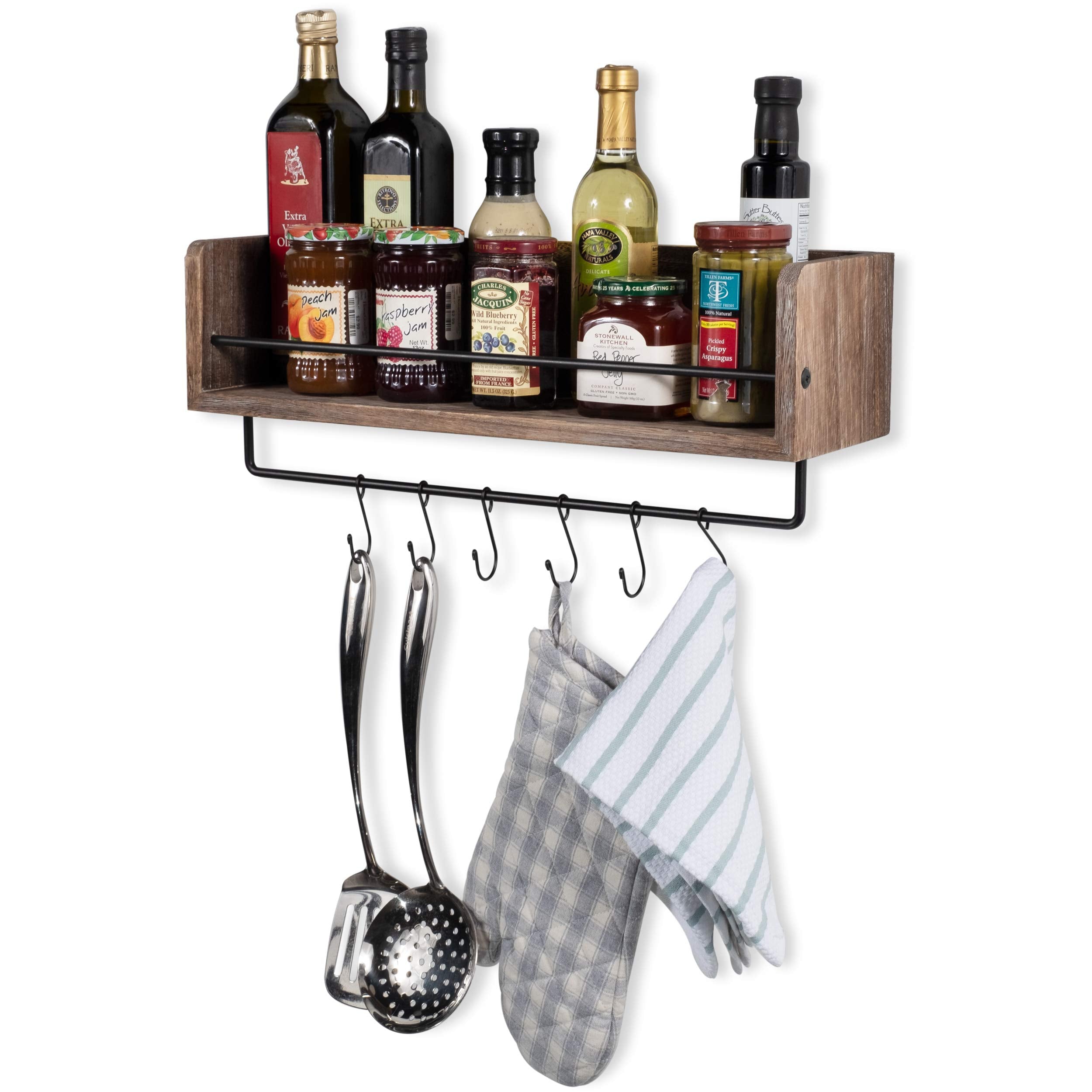 William Wall Mount Floating Shelf with Rail and Hooks | Farmhouse Design 20 Inch Torched