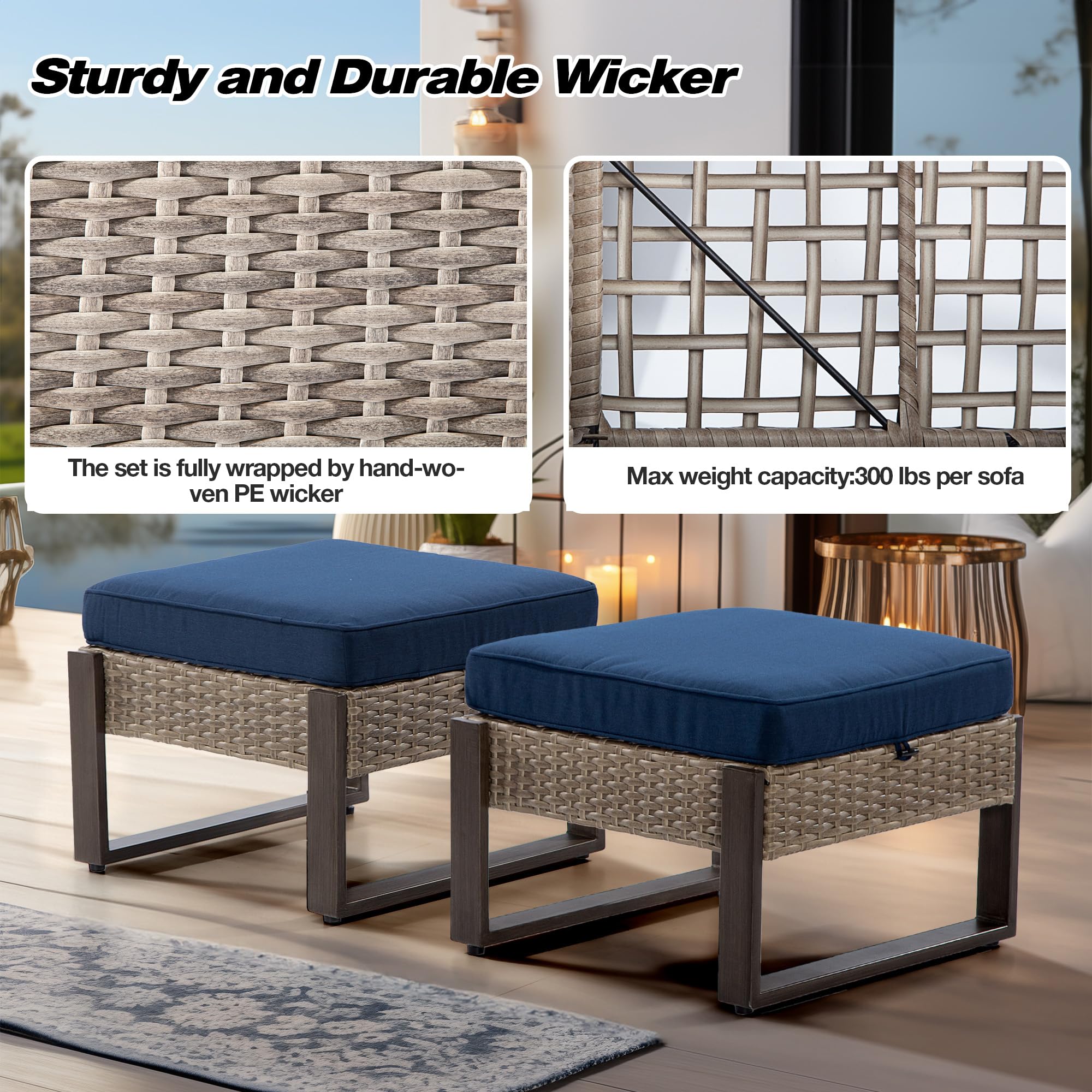 Outdoor Patio, All-Weather PE Rattan Ottomans Footstools with Removable Cushions