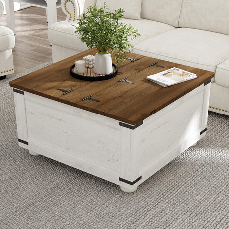 Farmhouse Coffee Table with Hydraulic Gas Rod, White Square Coffee Table