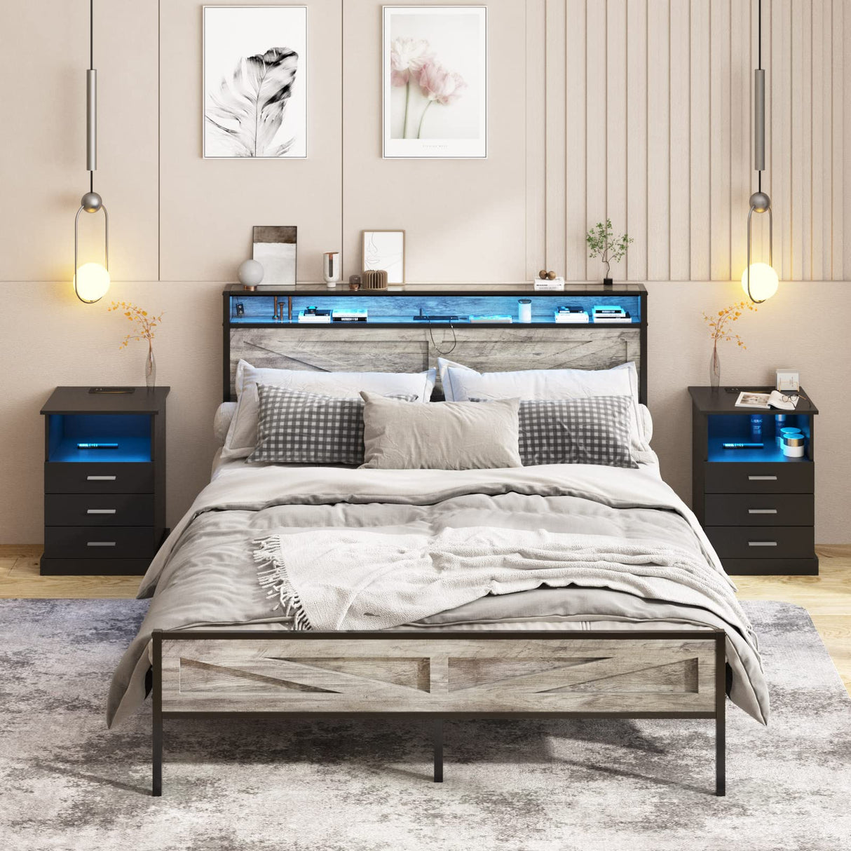 LED Full Size Bed Frame with Charging Station, Platform Metal Headboard Storage