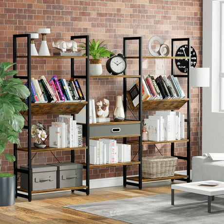 Triple Wide 4 Tier Bookcase, Adjustable Rustic Industrial Style Book Shelves, Modern Tall