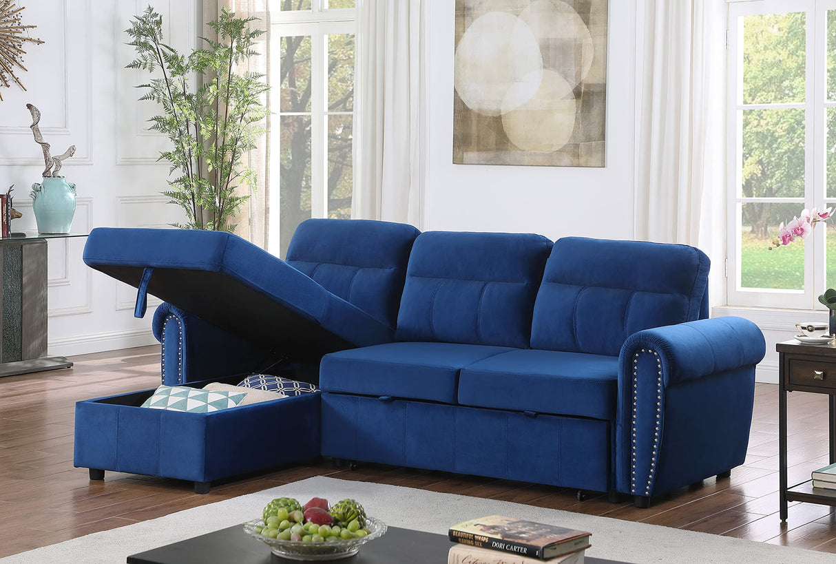 Ashton Blue Velvet Fabric Reversible Sleeper Sectional Sofa Chaise