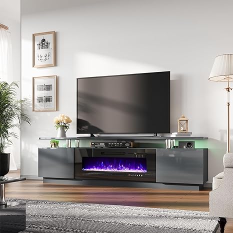 Fireplace TV Stand with 40" Fireplace, 80" Modern High Gloss Fireplace Entertainment