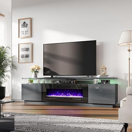 Fireplace TV Stand with 36" Fireplace, 70" Modern High Gloss Fireplace Entertainment