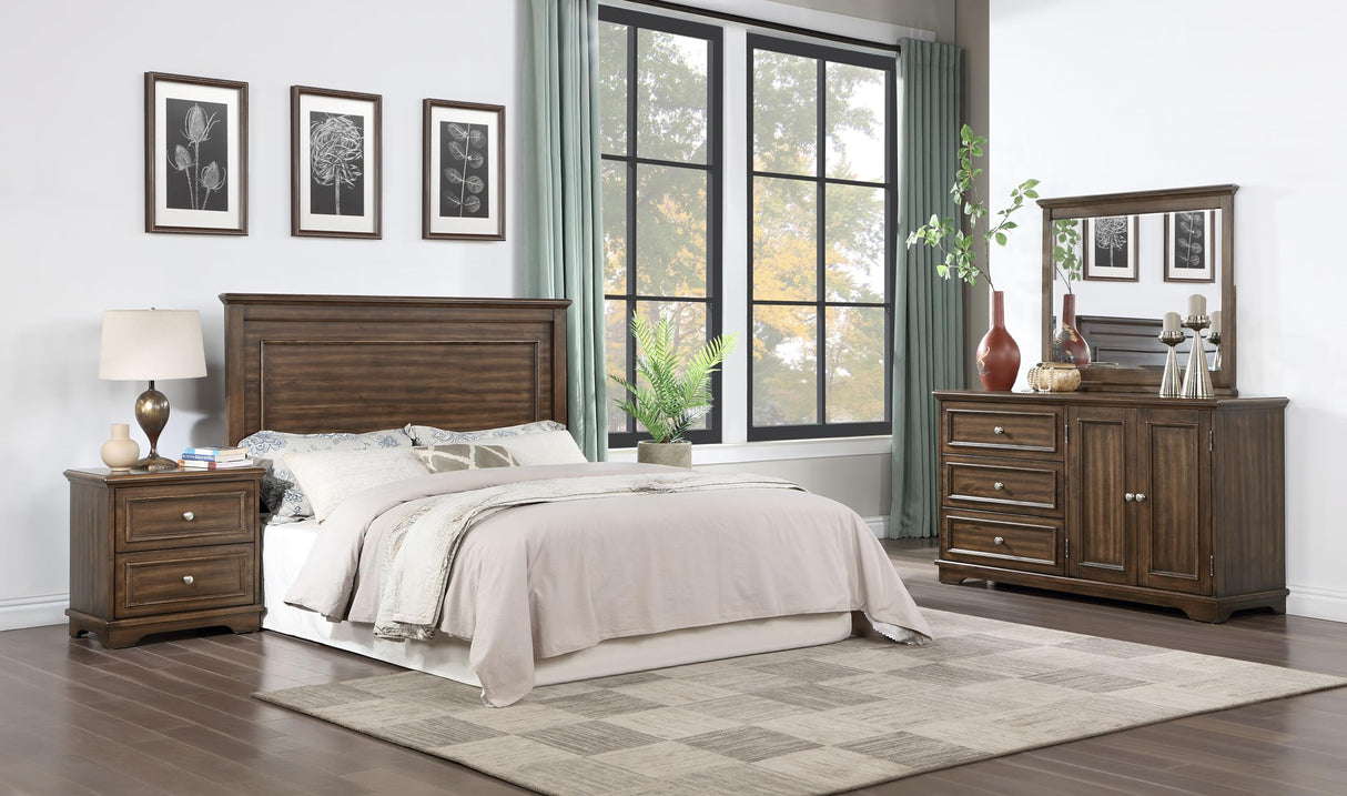 4 Pieces Vintage Wood Full Bed Set in Brushed Walnut