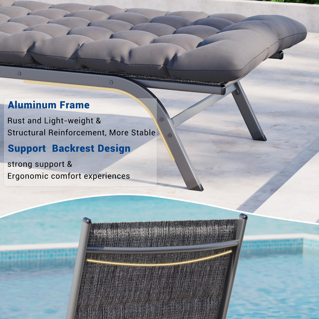 Chaise Lounge Outdoor Set of 3, Aluminum Lounge Chairs ,Deck