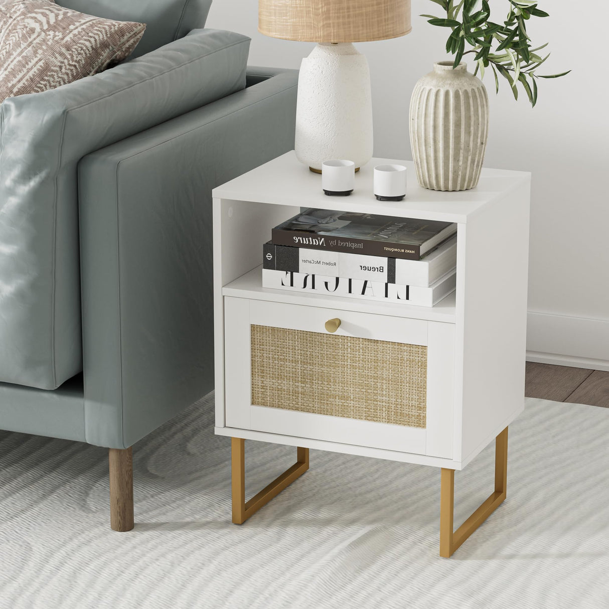 Rattan Nightstand,Modern Boho Farmhouse Wood Bedside Table with Storage Drawer and Open Shelf,Small Gold Frame Side End Table for Bedroom,Living Room,Office(White)