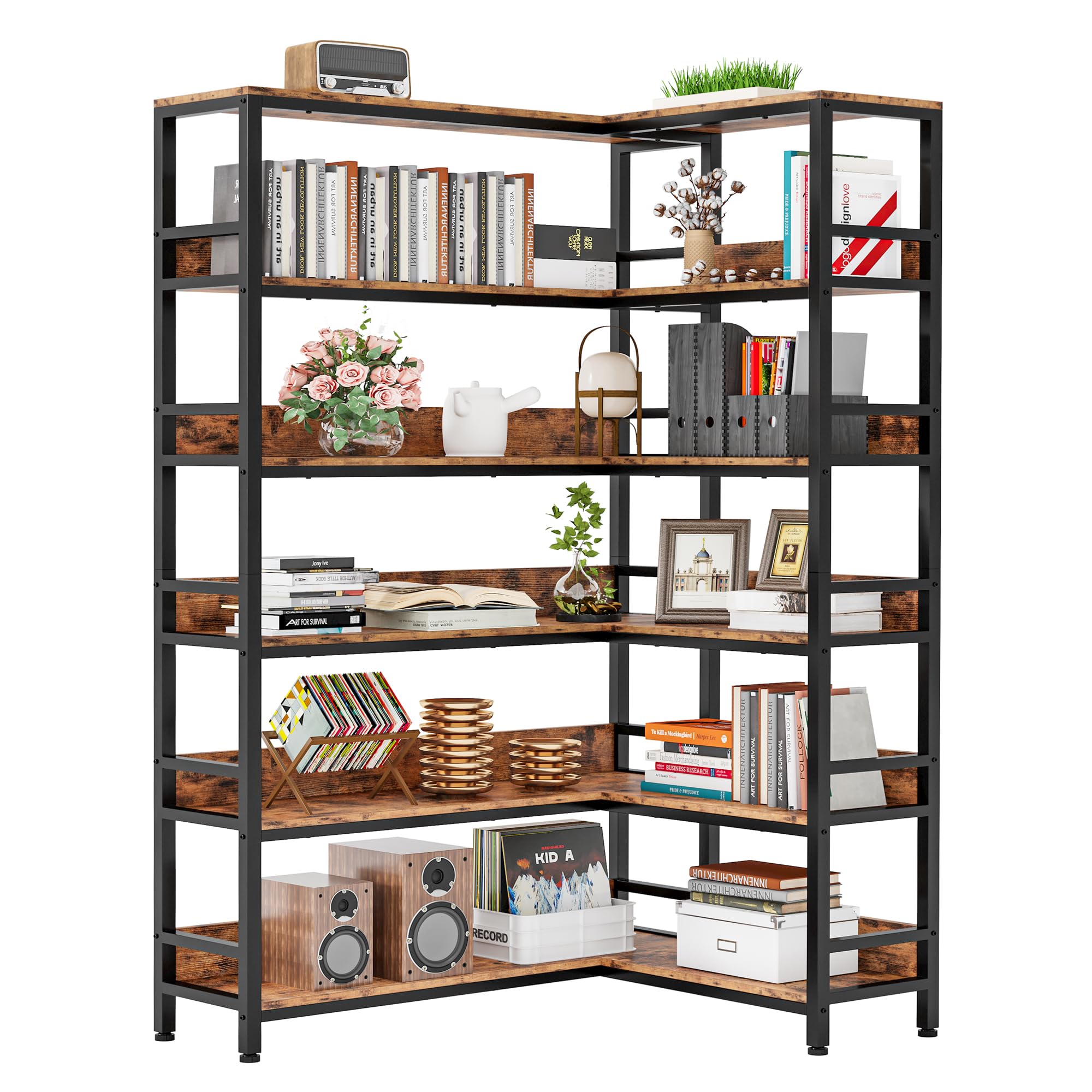Industrial Bookshelves 6 Tiers Corner Bookcases with Baffles Etagere Shelf Storage Rack