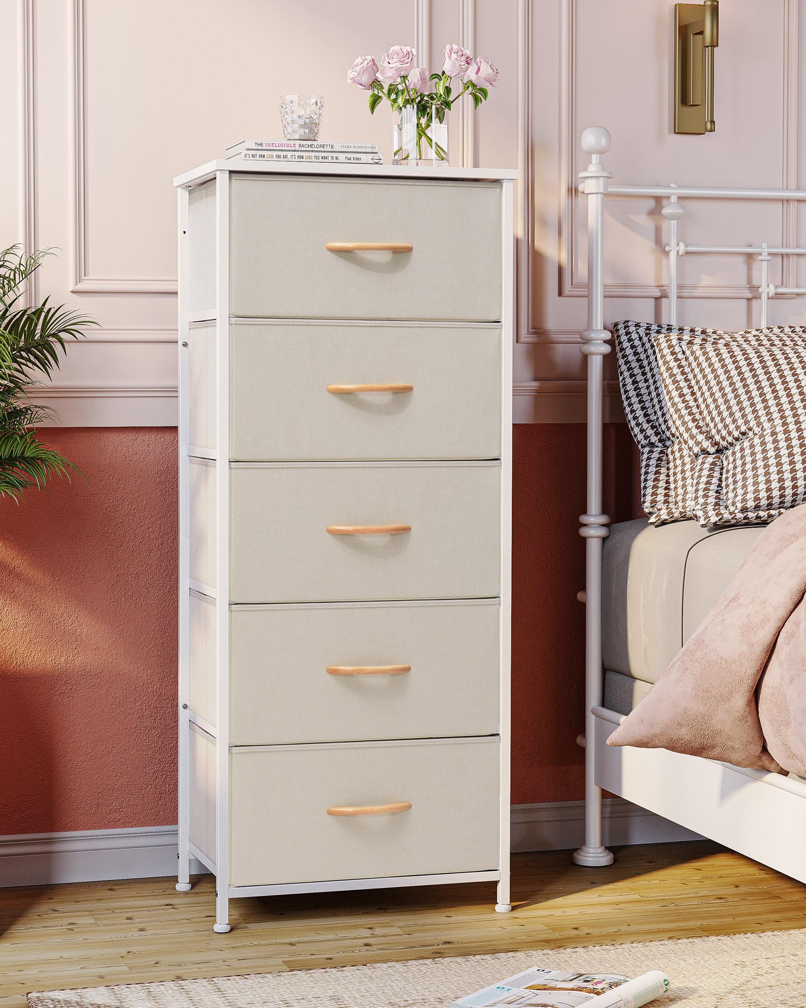 Vertical Dresser Storage Tower - Sturdy Steel Frame, Wood Top