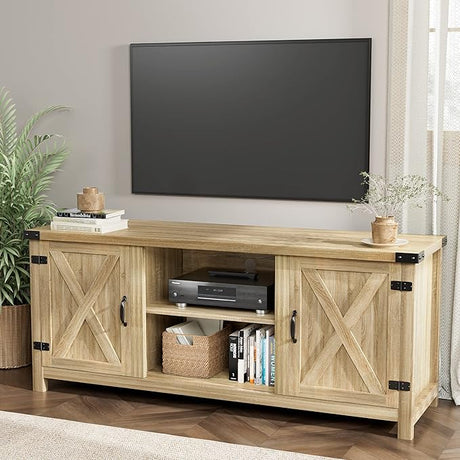 Modern Farmhouse TV Stand with Two Barn Doors and Storage Cabinets for Televisions