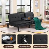 Futon Convertible Couch Bed - 69"W x 38"D x 29.5"H Faux Leather Futon Bed with USB & 2 Cupholders