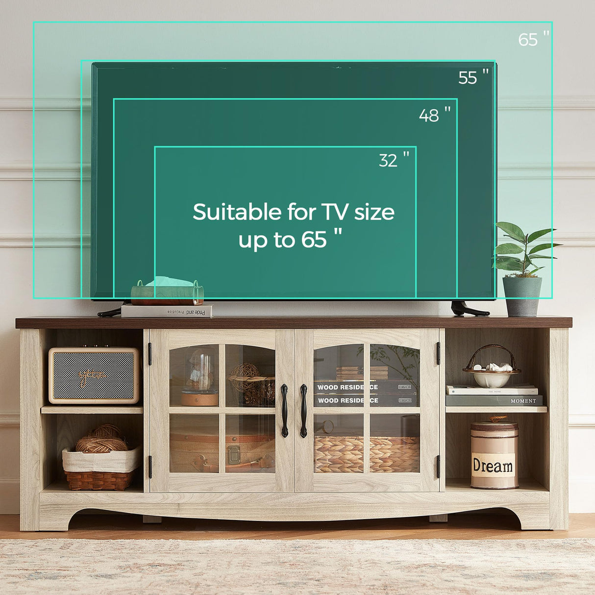 Farmhouse TV Stand for 65 Inch TV, Wood Entertainment Center with Glass Door Storage