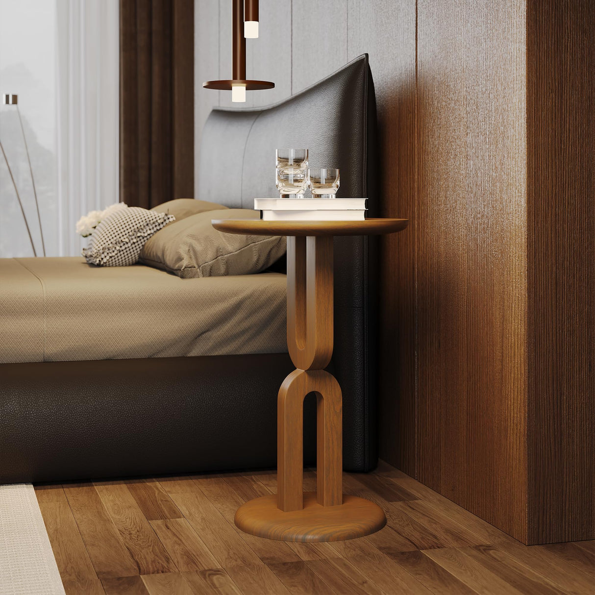 Solid Wood End Table, Ash Wood, Walnut Finish, Double U-Shaped Design