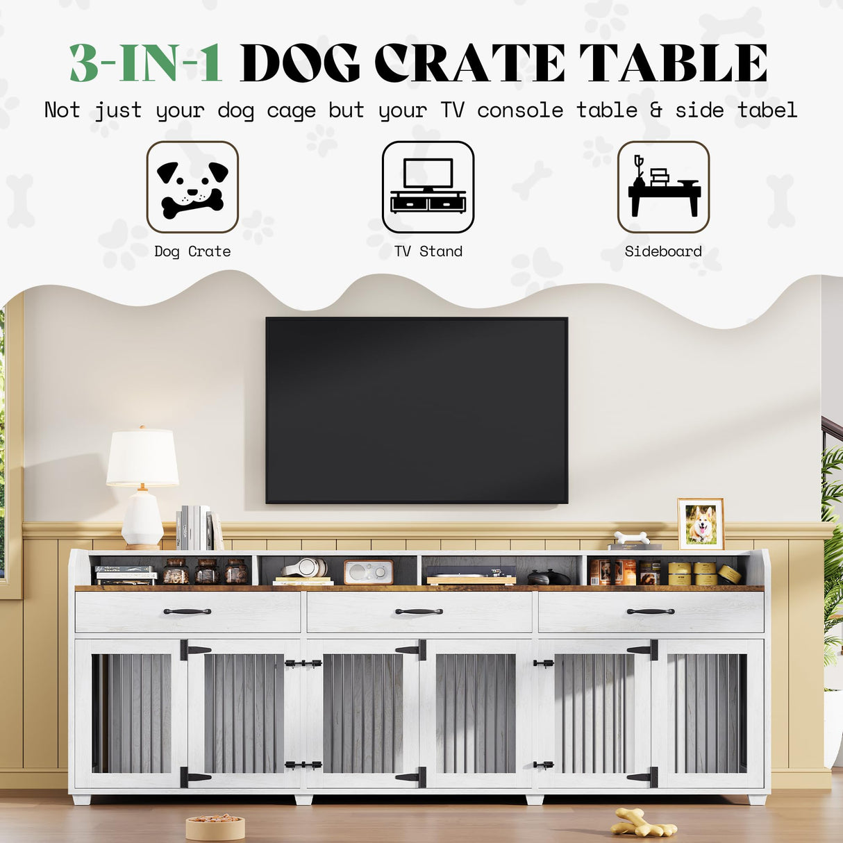 95" Dog Crate Furniture with Storage - 3-Room Wooden Kennel TV Stand