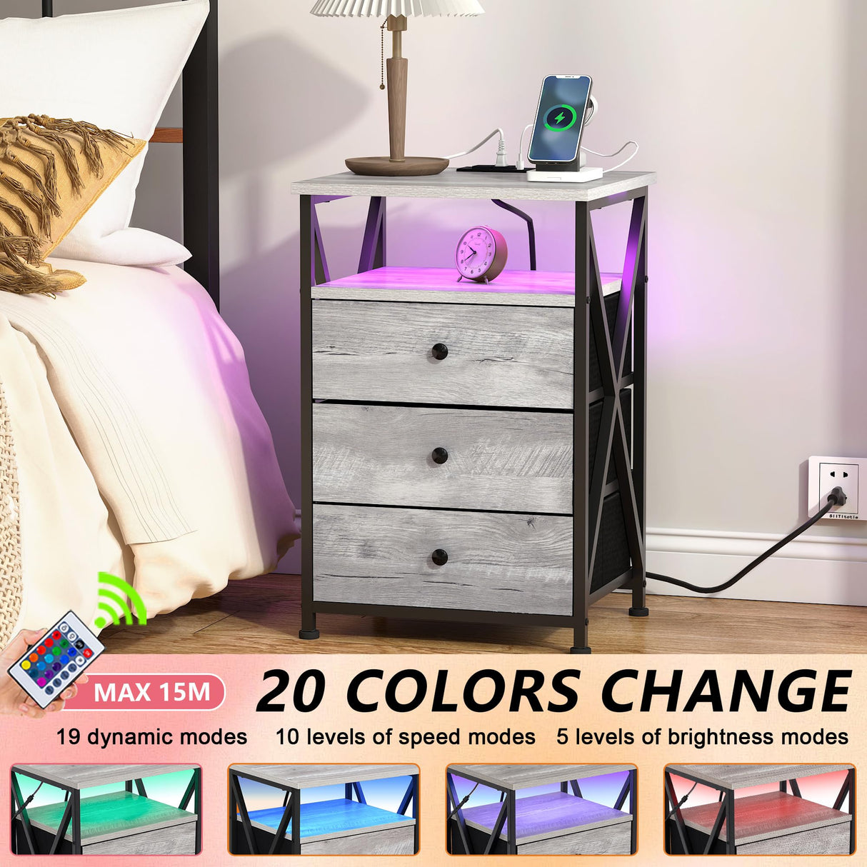 Nightstands Set of 2, Modern Design, LED Light, Night Stand with Charging Station, 3 Drawers, Grey, 23.62x15.75x13.78 inches