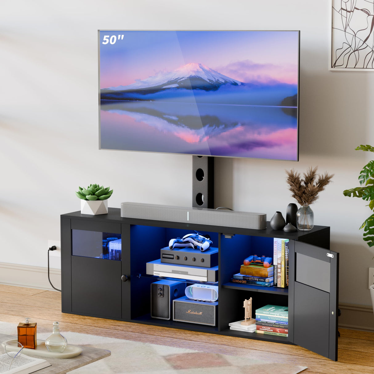 TV Stand with Mount and Power Outlet, Led Lights Entertainment Center