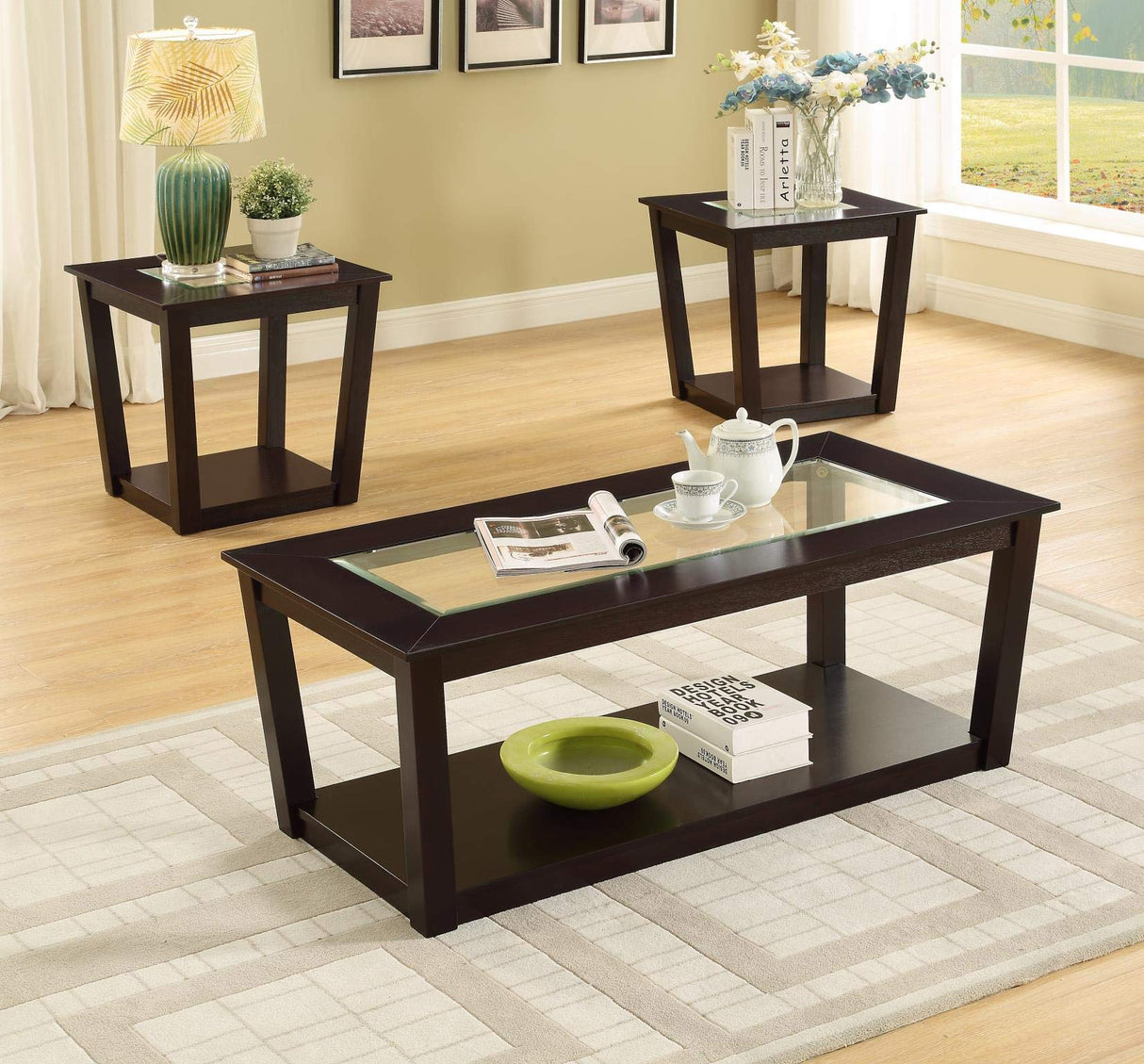 3Pc Glass top Black Cocktail Living Room Coffee & End Table Set