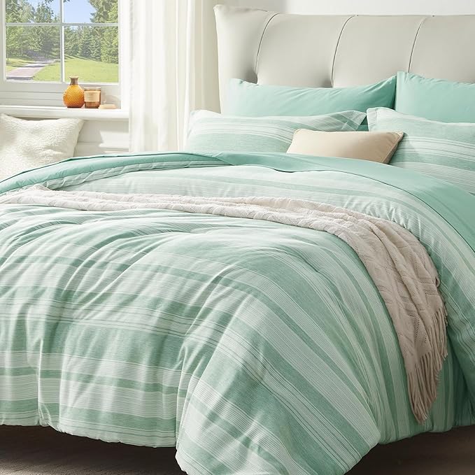 King Size Comforter Set, 7 Pieces Bed in a Bag Blue Striped, Lightweight Cationic Dyeing