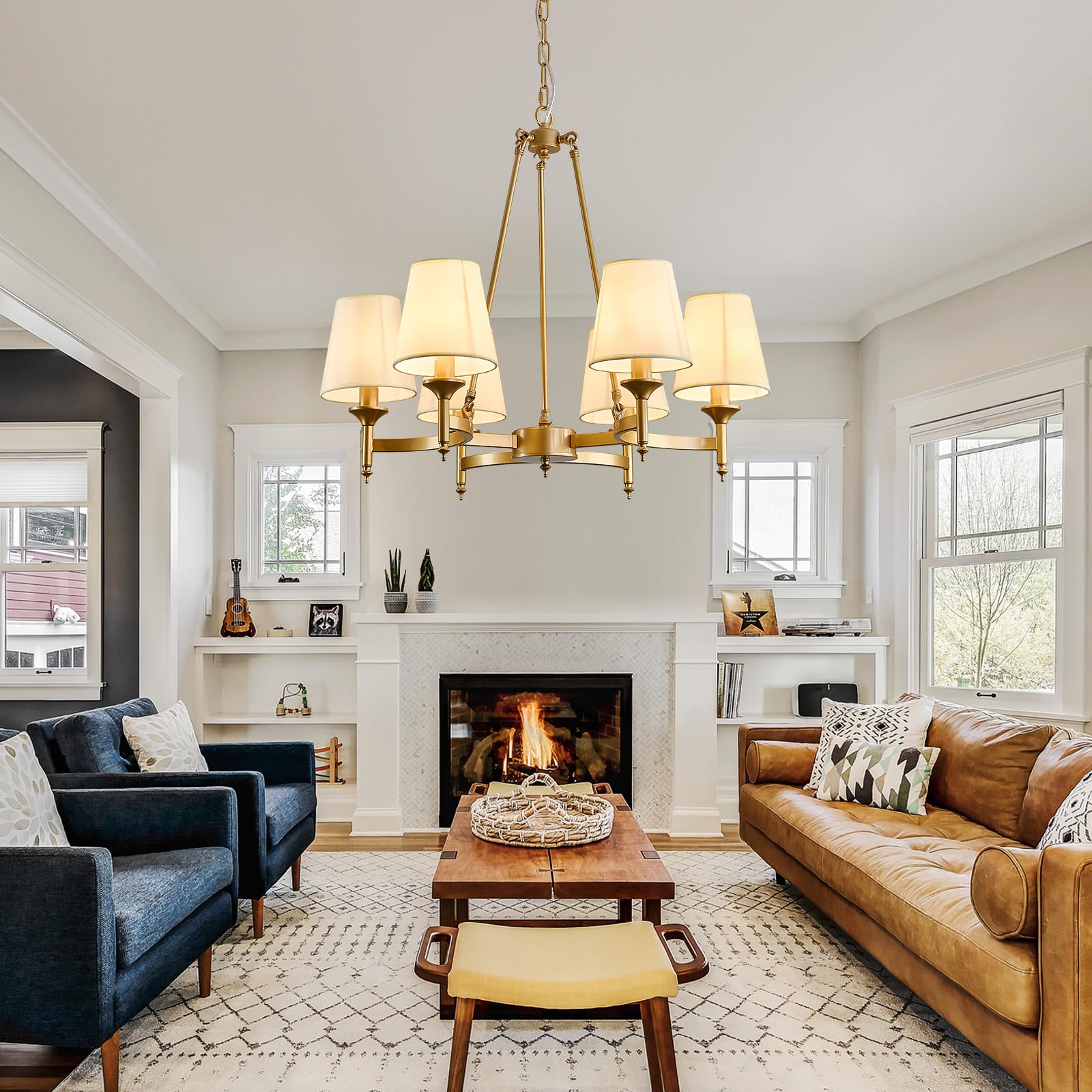 Gold Wagon Wheel Chandelier with White Linen Shade 6-Light Industrial Ceiling Light