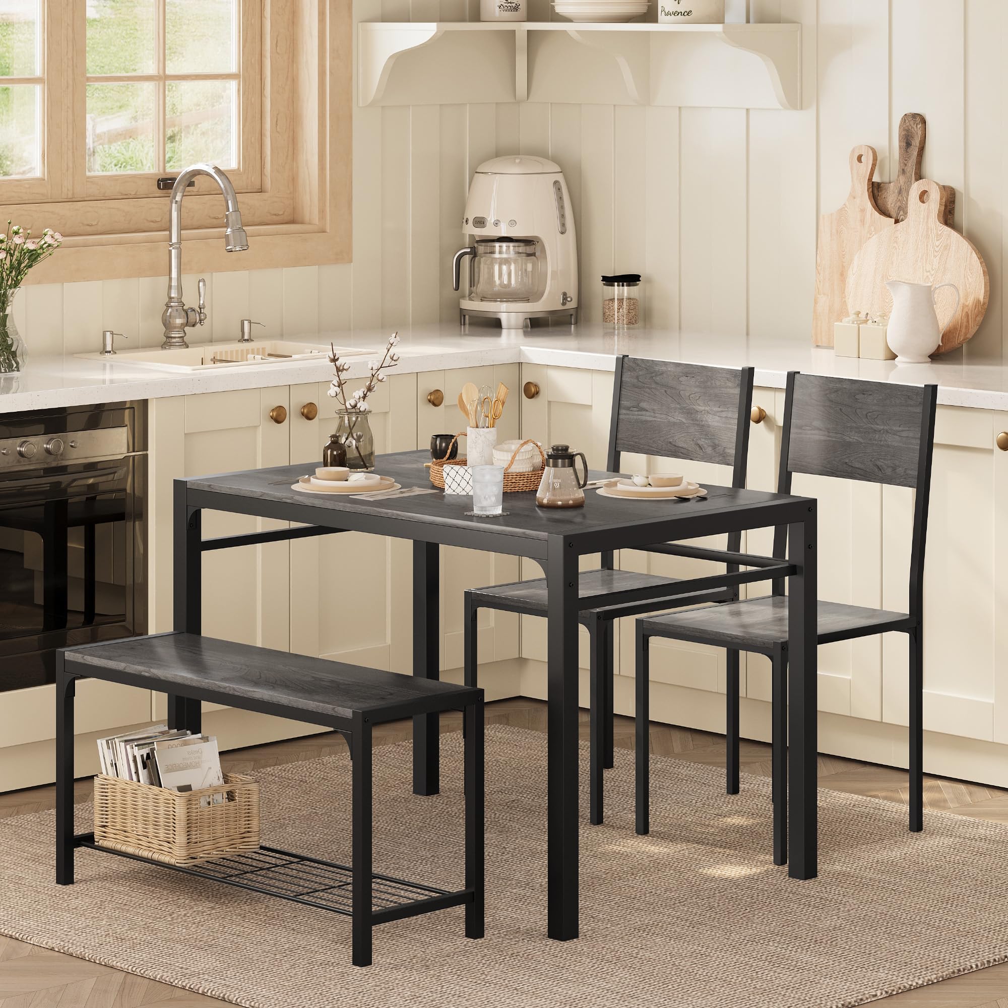 4-Piece Dining Set - Table, Chairs & Bench