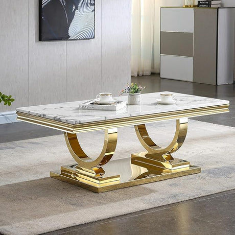 47 inch White Marble Coffee Table with Mirrored Stainless Steel Metal Legs