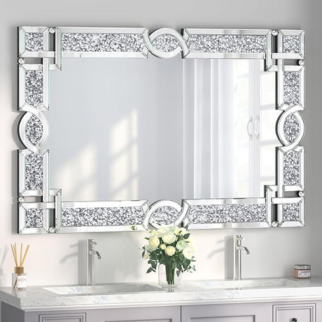 Crystal Crush Diamond Wall Mirror 46.5''x30.5'' Rectangle Silver Mirrors for Wall Decorative Large Wall