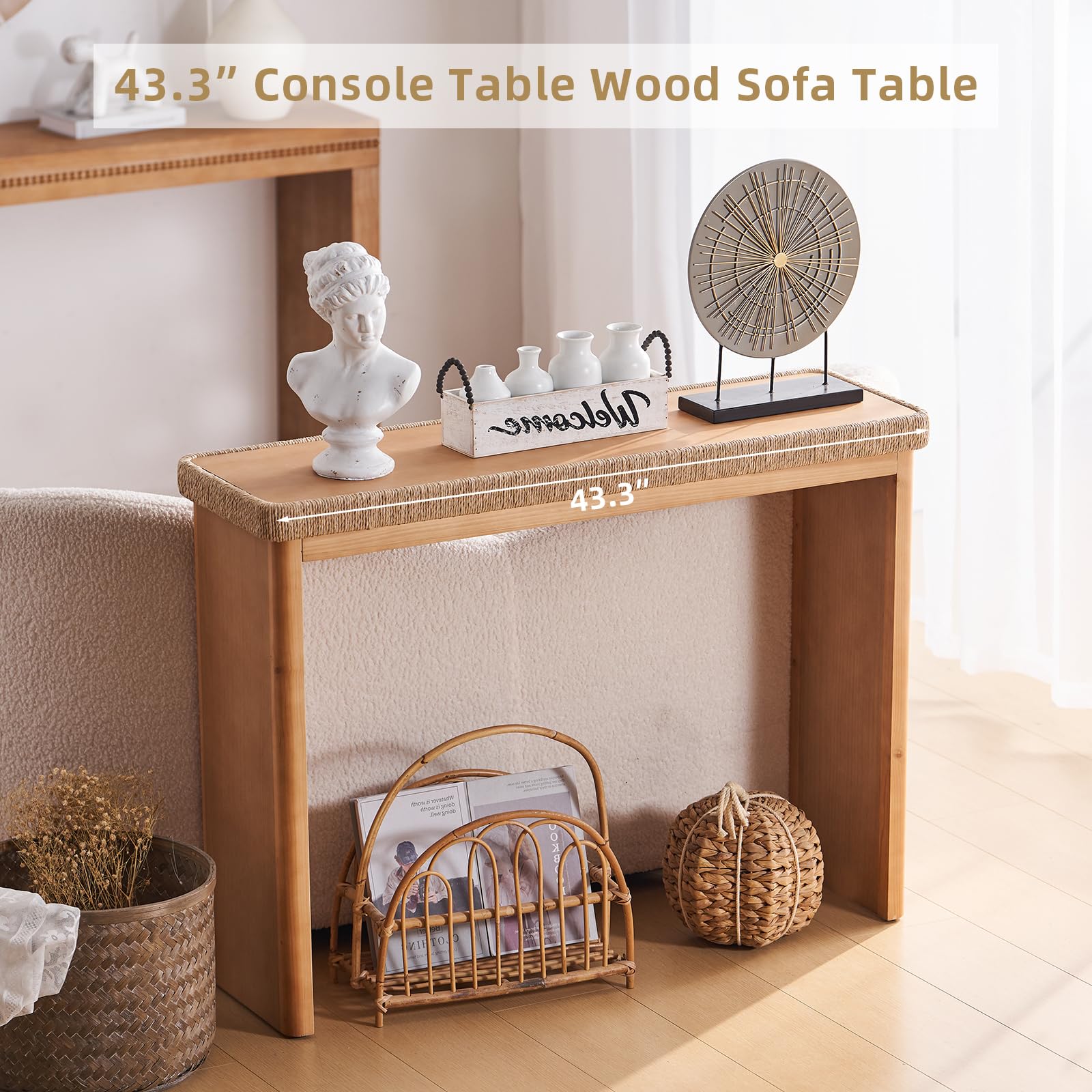 43" Farmhouse Console Table with Rattan Decor - Natural Wood Entryway Table
