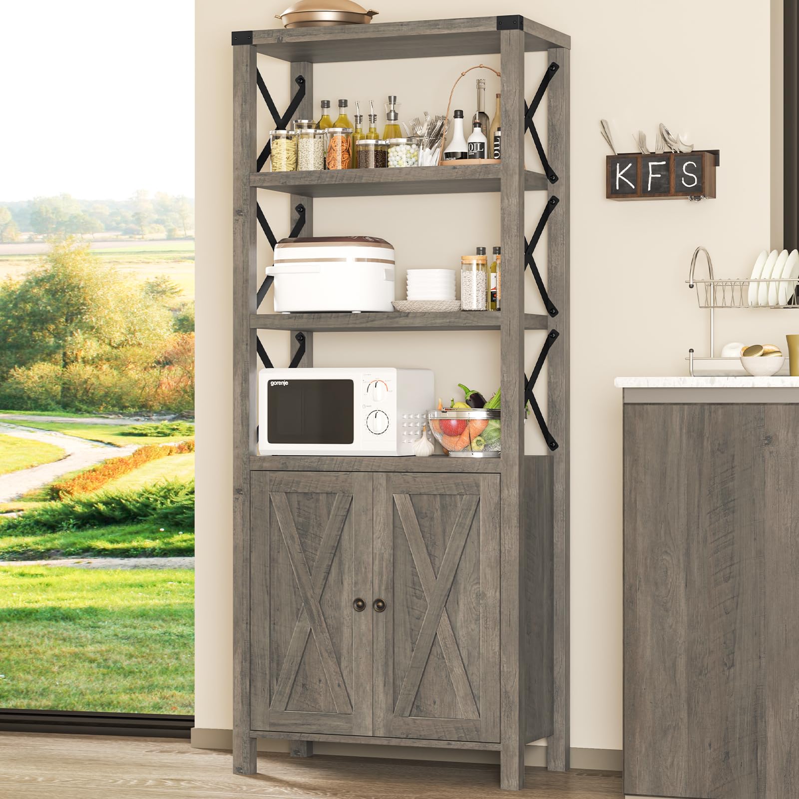 Book Shelf with Storage Cabinet, Farmhouse 5-Tier Bookshelf