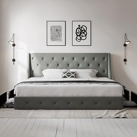 Premium King Size Bed Frame: Wingback Headboard